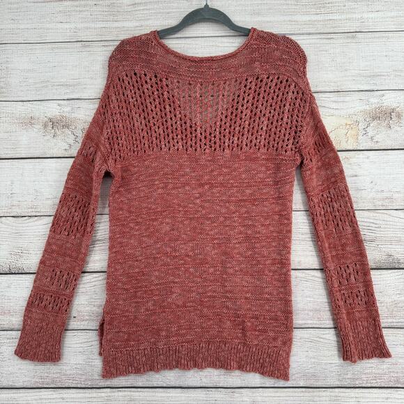 Lucky Brand Open Knit Long Sleeve Sweater Womens Medium Pink Roll Neck - Picture 2 of 11